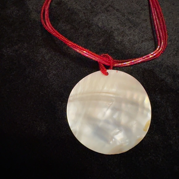Red Shell Pendant Necklace on 3 Strand Beaded Chain - Picture 2 of 4